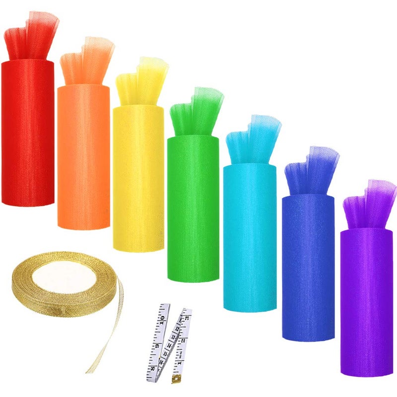 SRainbowPP Sailing-go 7-color rainbow tulle reel gauze mesh reel gauze fabric reel 6 inches wide 25 yards. 0.4 inch wide, 25 yards long golden ribbon, 59 inch size ruler for table skirt rainbow party tulle skirt - Image 1